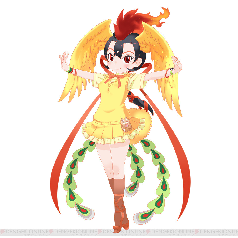 bird_girl bird_tail bird_wings bow bowtie game_cg hi_no_tori hi_no_tori_(kemono_friends) kemono_friends kemono_friends_3 official_art school_uniform shirt skirt tachi-e tail tezuka_productions white_background wings yoshizaki_mine_(style)