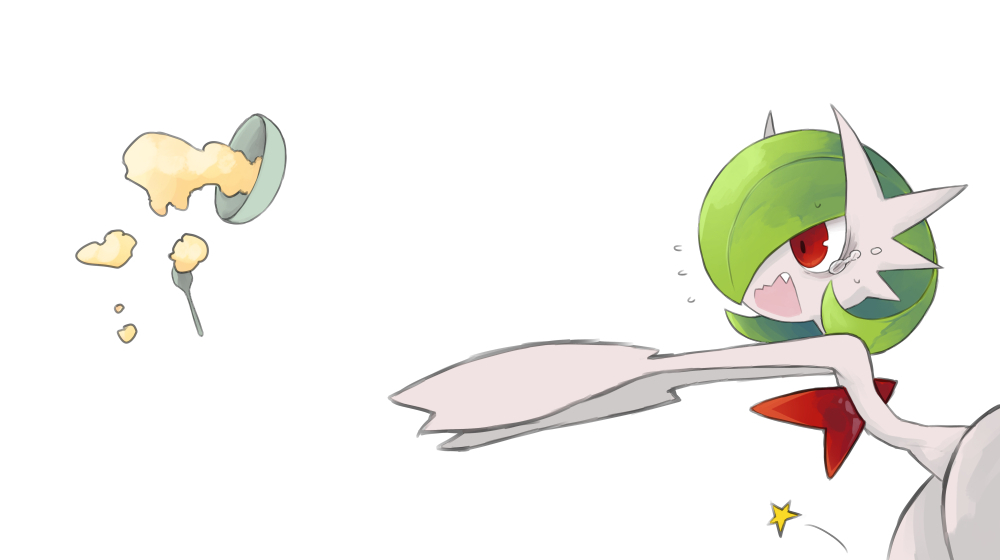 bob_cut bowl dmt_(auburn) dress fang flying_sweatdrops food from_side gardevoir gen_3_pokemon green_hair mega_gardevoir mega_pokemon nintendo oatmeal open_mouth pokemon pokemon_(creature) red_eyes simple_background spoon star_(symbol) teardrop white_background white_dress