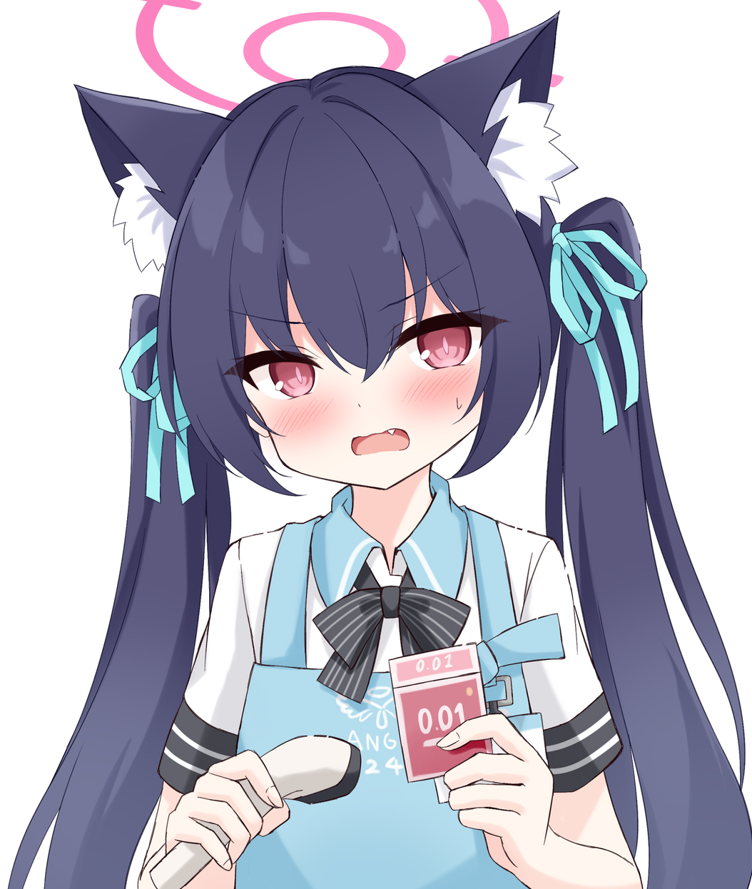 1girl angel&#039;s_24_uniform_(blue_archive) animal_ear_fluff animal_ears apron barcode_scanner blue_apron blue_archive blue_hair blush buying_condoms cat_ears cat_girl commentary_request condom condom_box fang halo highres holding holding_barcode_scanner holding_condom long_hair looking_at_viewer mochizuki_riku open_mouth pink_eyes pink_halo serika_(blue_archive) shirt short_sleeves simple_background solo twintails upper_body white_background white_shirt