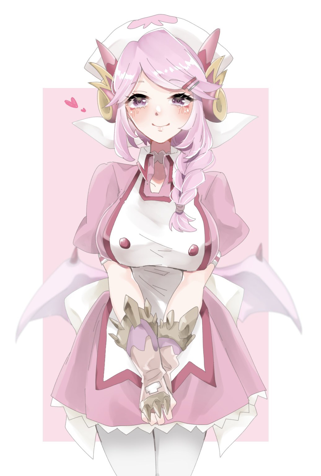 1girl blush braid breasts cowboy_shot dragon_girl dragon_horns dragon_wings dress duel_monster hat heart highres horns large_breasts long_hair low_wings nurse nurse_cap nurse_dragonmaid pink_background pink_dress pink_hair pink_wings rin_ms_no simple_background solo white_background white_hat wings yu-gi-oh!