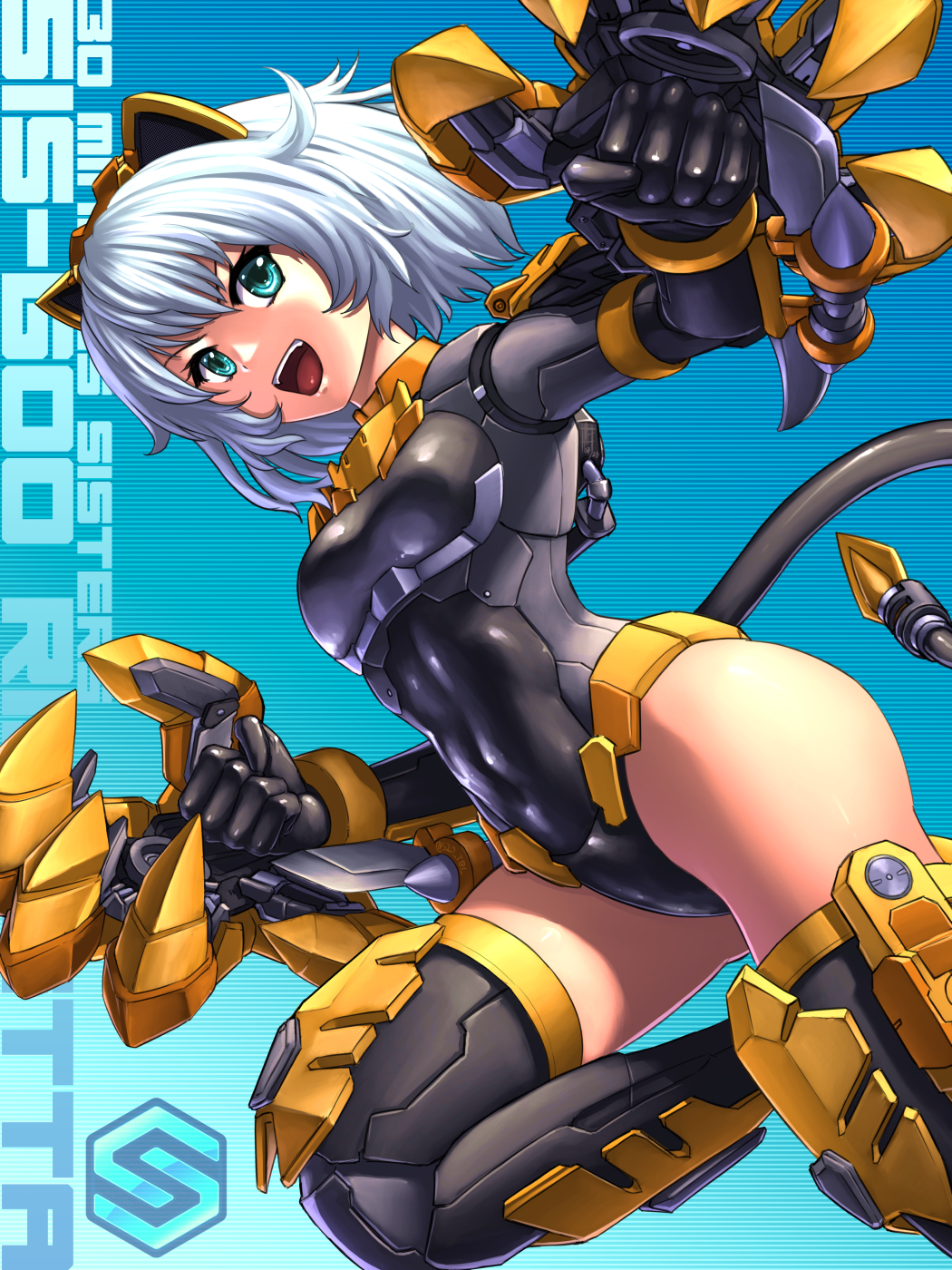 1girl 30_minutes_sisters animal_ears bandai black_leotard blue_eyes boots breasts cable cable_tail cat_ears covered_navel cyborg highres joints leotard logo looking_at_viewer mecha_musume mechanical_ears mechanical_tail medium_breasts rishetta_(30ms) shiny_clothes shiny_skin short_hair solo substance20 tail thigh_boots white_hair