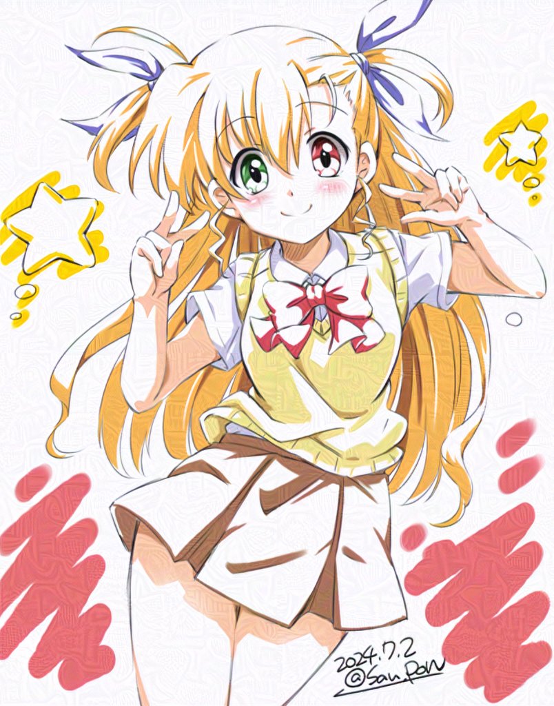 1girl blonde_hair breasts closed_mouth commentary_request dated double_v hair_ornament heterochromia long_hair looking_at_viewer lyrical_nanoha mahou_shoujo_lyrical_nanoha_vivid san-pon school_uniform simple_background small_breasts smile solo star_(sky) twitter_username v vivio white_background