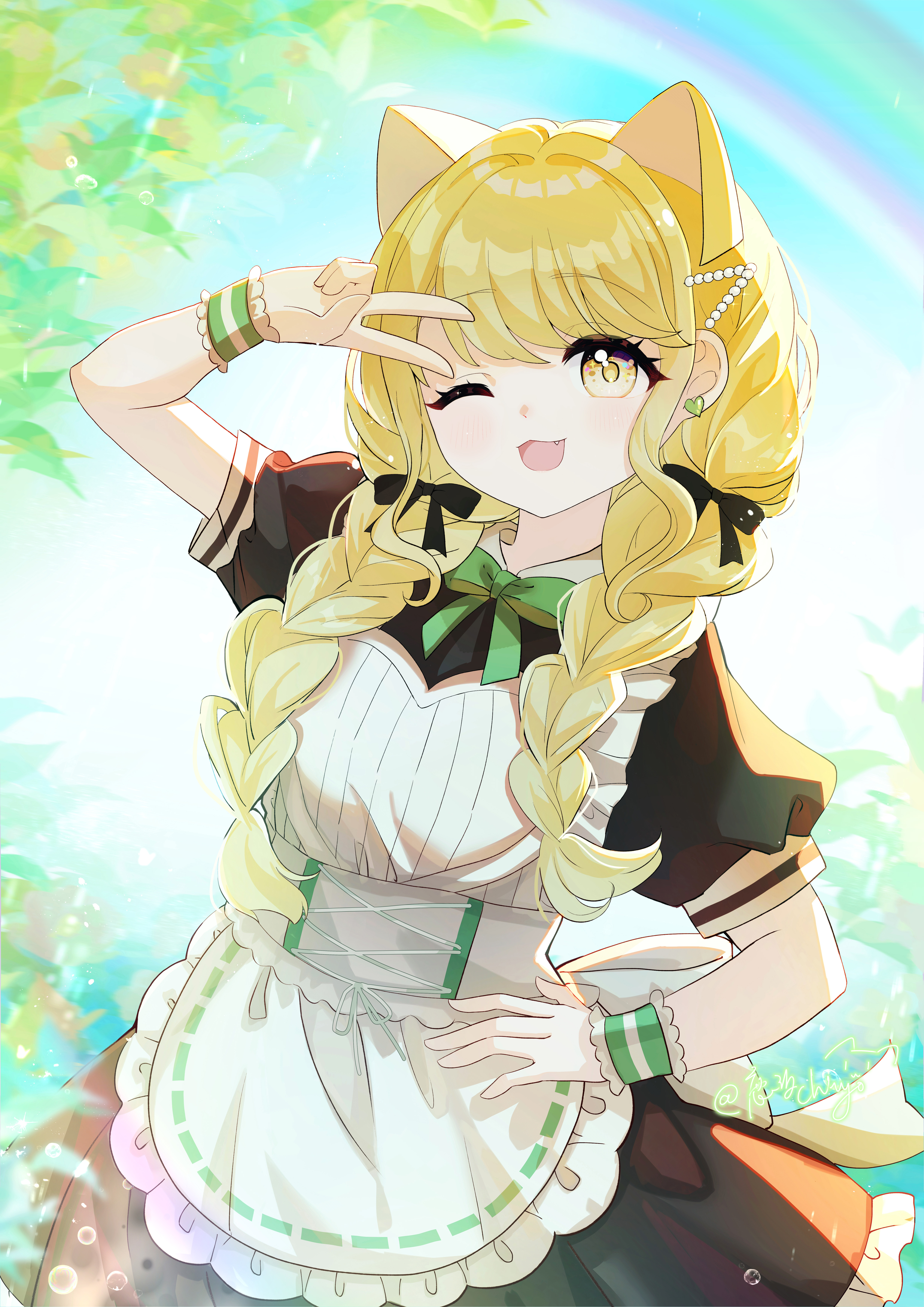 1girl ;d absurdres alternate_costume animal_ears apron black_dress black_ribbon blonde_hair bow bowtie braid cat_ears commentary_request dress earrings enmaided fang frilled_apron frilled_wristband frills fujita_kotone gakuen_idolmaster green_bow green_bowtie hair_ribbon heart heart_earrings highres idolmaster jewelry long_hair looking_at_viewer maid one_eye_closed open_mouth puffy_short_sleeves puffy_sleeves ribbon short_sleeves smile solo twin_braids v white_apron ximilulu yellow_eyes