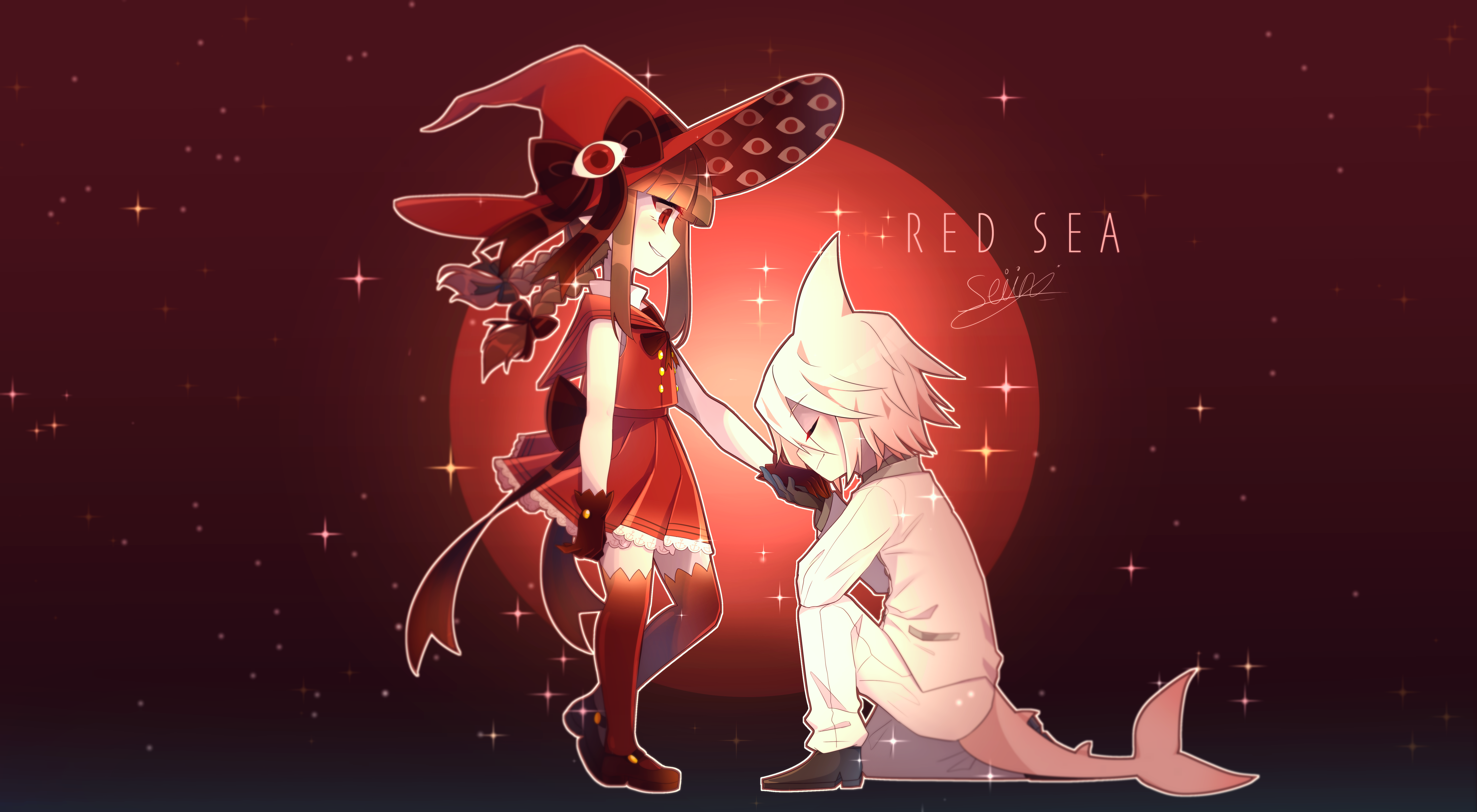 1boy 1girl absurdres bow braid brown_hair circle colored_skin commentary dress english_commentary english_text eye_on_hat fins fish_tail formal_clothes funamusea gloves hat hetero highres kiss kissing_hand long_hair negative_space oounabara_to_wadanohara red_background red_gloves sailor_dress seiini shark_boy shark_fin shark_tail short_hair sleeveless sleeveless_dress smile sparkle star_(sky) suit syakesan_(funamusea) tail twin_braids wadanohara wadanohara_(red_sea) white_hair white_skin white_suit witch witch_hat