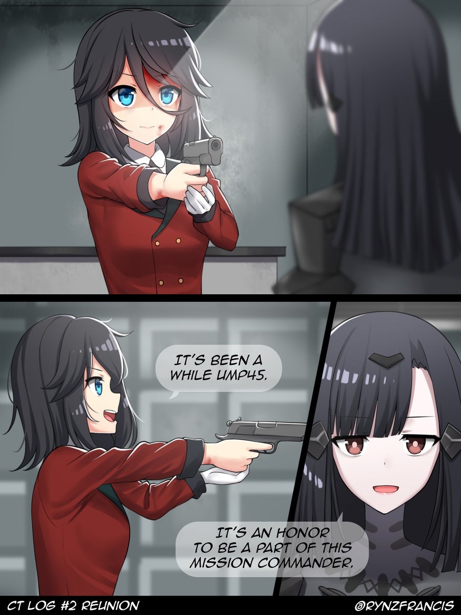 2girls black_hair blood blood_from_mouth blue_eyes brown_eyes bruise bruise_on_face english_text female_commander_(girls&#039;_frontline) girls&#039;_frontline gloves gun hacking handgun highres holding holding_gun holding_weapon injury left-to-right_manga messy_hair military military_uniform multiple_girls nyto_(generic)_(girls&#039;_frontline) nyto_(girls&#039;_frontline) possessed rynzfrancis single_glove source_request speech_bubble weapon