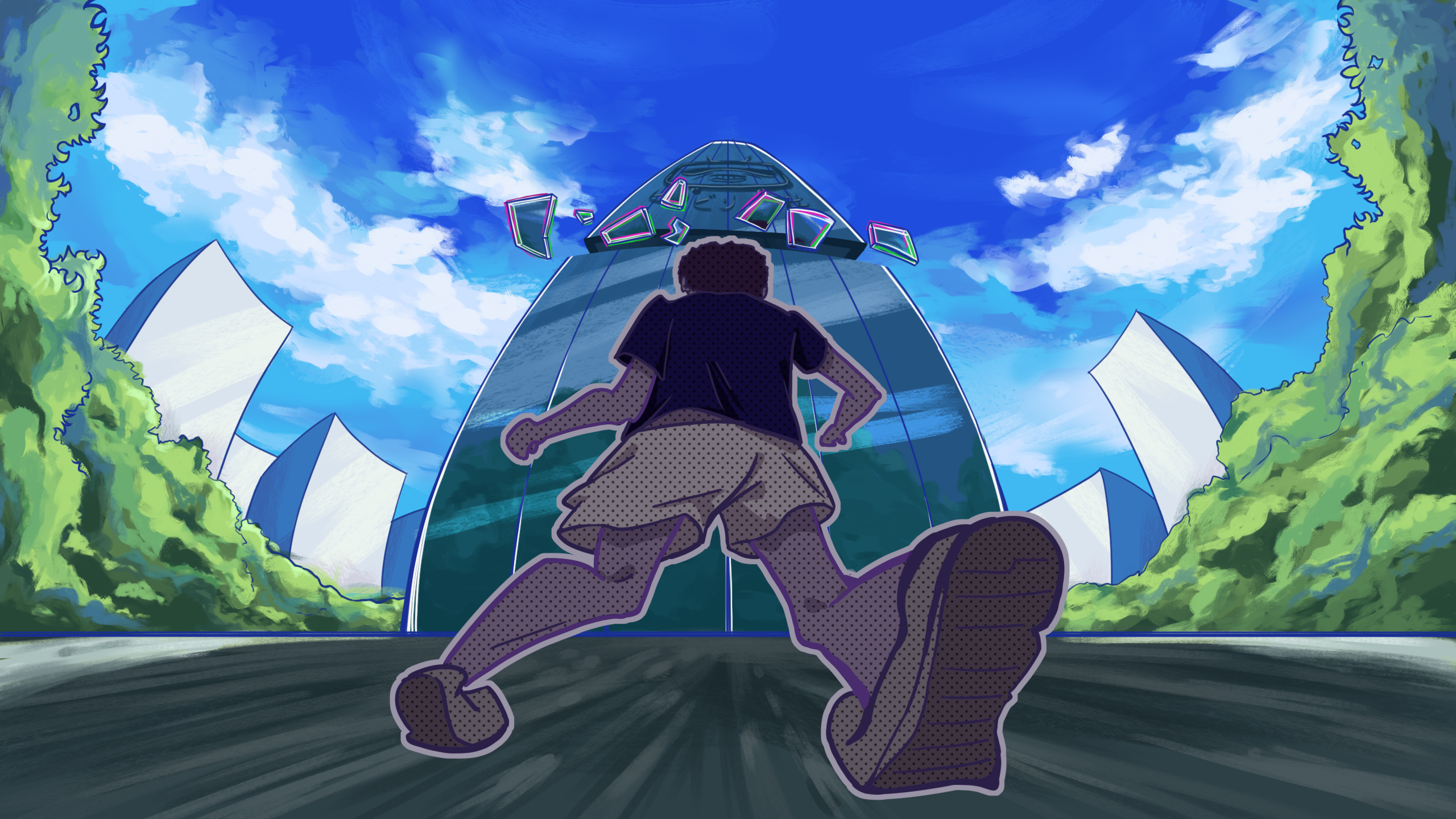 1boy black_shirt blue_sky brown_hair brown_shoes brown_shorts building commentary day english_commentary from_behind full_body highres male_focus manatsu_no_yo_no_inmu mushroomsucy outdoors shirt shoes short_hair shorts sky skyscraper solo standing toono_(coat) tree