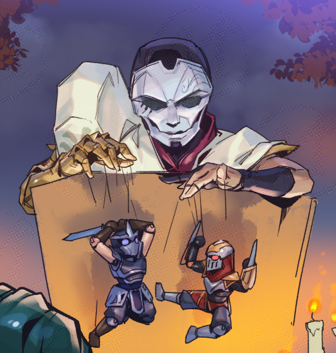 4boys candle hwei_(league_of_legends) jhin league_of_legends male_focus mask mechanical_arms multiple_boys out_of_frame outdoors phantom_ix_row puppet shen_(league_of_legends) single_mechanical_arm smile tree upper_body zed_(league_of_legends)