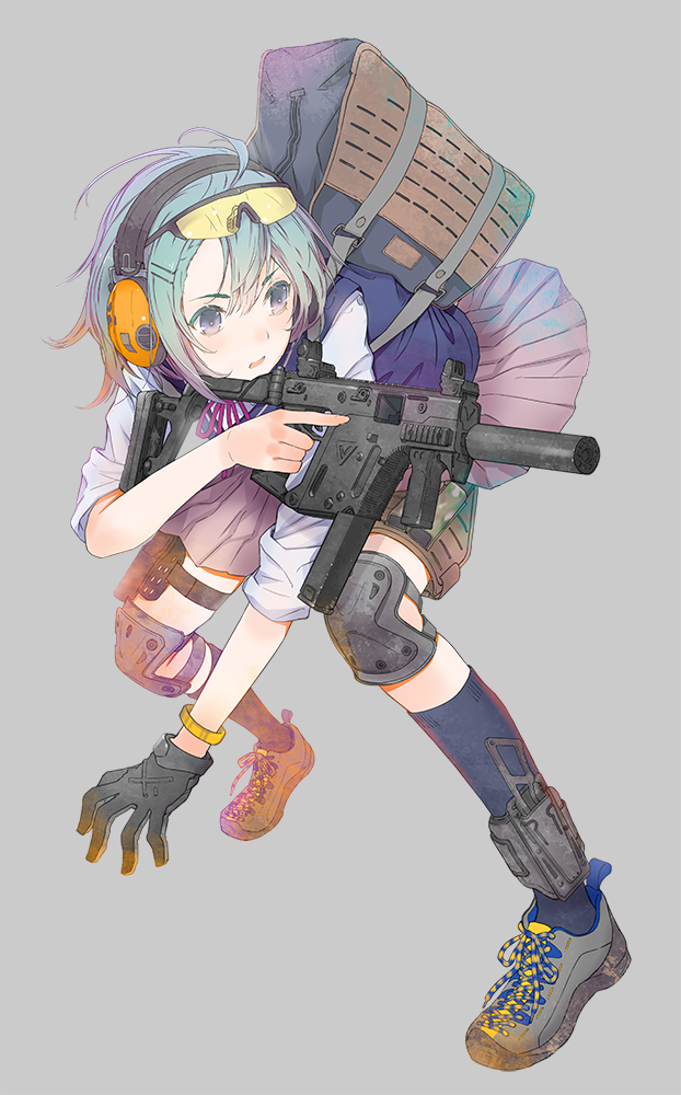 1girl aqua_hair artist_collaboration bag blue_eyes commentary crossover ear_protection earmuffs extended_magazine eye_protectors eyewear_on_head female_focus folding_stock full_body fuyuno_haruaki gloves goggles grey_background gun high-capacity_magazine knee_pads kriss_usa kriss_vector little_armory long_gun magpul ninokata_arisu original safety_glasses short_hair shoulder_bag single_glove solo stock_(firearm) submachine_gun sunglasses suppressor suppressor_focus textless_version tomytec transformational_defense_industries vertical_forward_grip weapon weapon_focus weird_guns_of_the_world