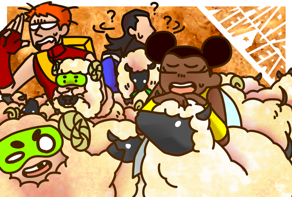 10s 1girl 2015 4boys aqua_lad black_hair brothers bumble_bee dark_skin dc_comics double_bun garth goggles karen_beecher mas_(dc) menos_(dc) multiple_boys new_year orange_hair roy_harper sheep siblings speedy teen_titans twins