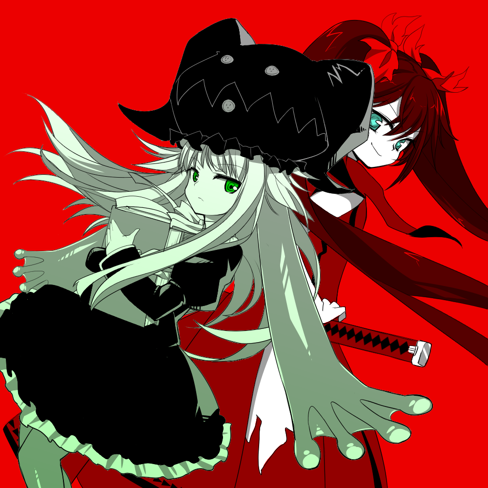 2girls anmita_(rarutos) aqua_eyes back-to-back book book_of_star_mythology bow closed_mouth dress frilled_dress frills fuma_mishandra green_eyes hair_bow hat holding holding_book holding_sword holding_weapon juliet_sleeves long_hair long_sleeves multiple_girls original partially_colored puffy_sleeves red_background sanada_sengo simple_background smile sword touhou twintails weapon