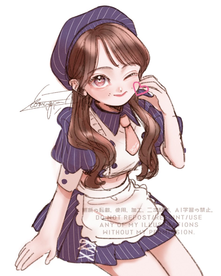 1girl ;) actor apron arm_at_side artist_name beret blue_hat blue_shirt blue_skirt brown_eyes brown_hair buttons closed_mouth collared_shirt cowboy_shot crop_top cross-laced_clothes cross-laced_skirt frilled_apron frills half-heart_hands hand_up hat heart heart_cheeks invisible_chair komuzuka long_hair looking_at_viewer low_twintails midriff miniskirt mole mole_above_mouth nakamura_yukari_(voice_actor) navel necktie one_eye_closed pink_necktie pleated_skirt puffy_short_sleeves puffy_sleeves real_life shirt short_necktie short_sleeves signature simple_background sitting skirt smile solo striped_clothes striped_headwear striped_shirt striped_skirt twintails two-tone_shirt vertical-striped_clothes vertical-striped_shirt vertical-striped_skirt waist_apron watermark white_apron white_background white_shirt