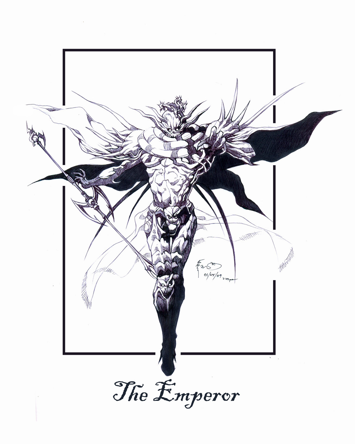 1boy alternate_form cape character_name claws demon dominic_ian_cabatit elbow_blade elbow_spikes emperor_(ff2) final_fantasy final_fantasy_ii fingernails full_body greyscale hands_up highres holding holding_scepter horns knee_pads looking_at_viewer male_focus monochrome multiple_horns reaching reaching_towards_viewer scepter sharp_fingernails shoulder_spikes solo spikes very_long_fingernails waist_cape