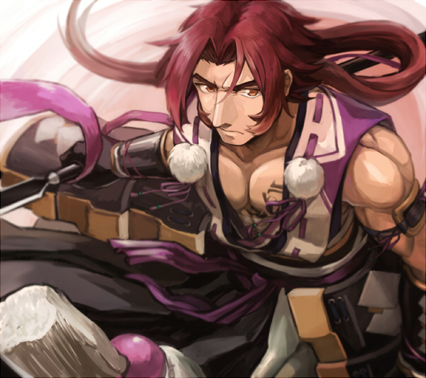 10s 1boy armor bad_id bad_pixiv_id brown_eyes japanese_armor kusazuri long_sideburns male_focus red_hair ruchi siddham sideburns solo tonbokiri_(touken_ranbu) touken_ranbu
