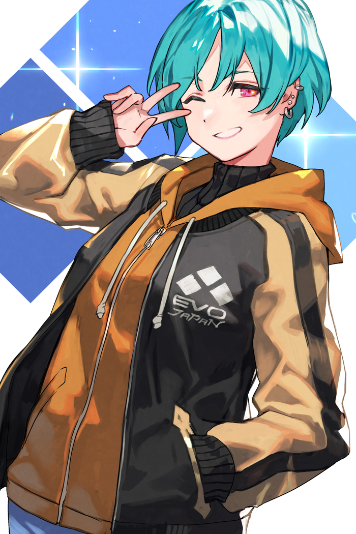 1girl black_jacket black_sweater blue_hair character_request copyright_name copyright_request earrings evolution_championship_series hand_in_pocket hood hooded_jacket hungry_clicker jacket jewelry multicolored_jacket one_eye_closed orange_jacket print_jacket purple_eyes short_hair solo sparkle sweater two-tone_jacket v
