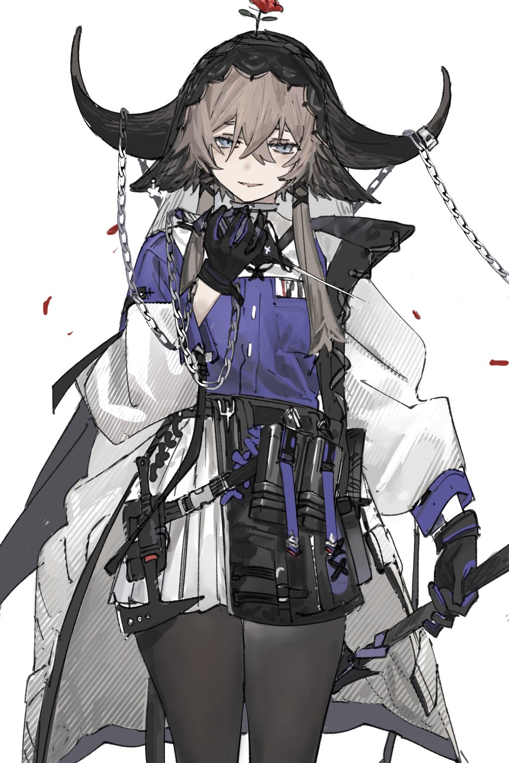 1girl arknights belt_bag binoculars black_bag black_gloves black_pantyhose black_ribbon black_veil blue_eyes brown_hair chain commentary_request cowboy_shot crossed_bangs dagger dual_wielding flower flower_on_head gloves hair_between_eyes hair_ribbon highres holding holding_dagger holding_knife holding_weapon jacket knife lace-trimmed_veil lace_trim long_hair long_sleeves looking_at_viewer miniskirt open_clothes open_jacket ox_ears ox_horns pallas_(arknights) pantyhose parted_lips petals pleated_skirt puffy_long_sleeves puffy_sleeves purple_shirt red_flower red_rose ribbon rose rose_petals shirt sidelocks skirt smile solo tress_ribbon veil weapon white_jacket white_skirt xxxsoiu1