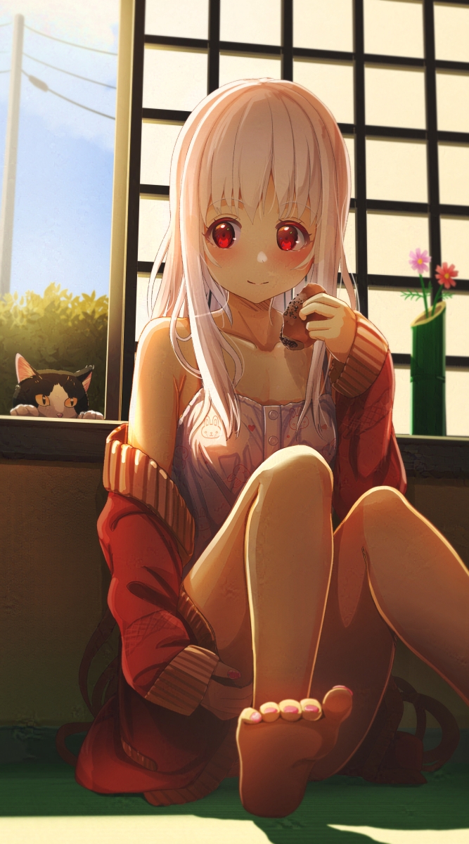 1girl aiuabo animal_print anpan armpit_crease bare_shoulders barefoot blush cat closed_mouth collarbone commentary_request eating food hand_on_own_thigh heart heart_print highres holding holding_food indoors jacket jacket_partially_removed long_hair long_sleeves looking_inside nail_polish open_clothes open_jacket open_window original pink_nails print_tank_top rabbit_print red_eyes red_jacket sidelocks smile soles solo tank_top toenail_polish toenails toes very_long_hair white_hair white_tank_top window