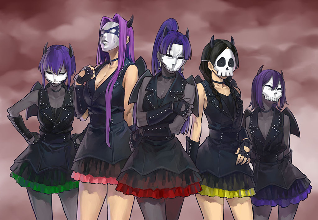 5girls april_fools assassin_(fate/zero) bare_shoulders black_hair braid breasts child_assassin_(fate/zero) choker cleavage cosplay earrings fate/prototype fate/prototype:_fragments_of_blue_and_silver fate/stay_night fate/strange_fake fate/zero fate_(series) female_assassin_(fate/zero) fingerless_gloves gloves hands_on_own_hips hassan_of_serenity_(fate) hoop_earrings horns jewelry long_hair mask medium_breasts medusa_(fate) medusa_(rider)_(fate) momoiro_clover_z momoiro_clover_z_(cosplay) multiple_girls no_name_assassin_(fate) odd_one_out ponytail purple_hair saint_seiya short_hair sidelocks skirt sweatdrop twin_braids