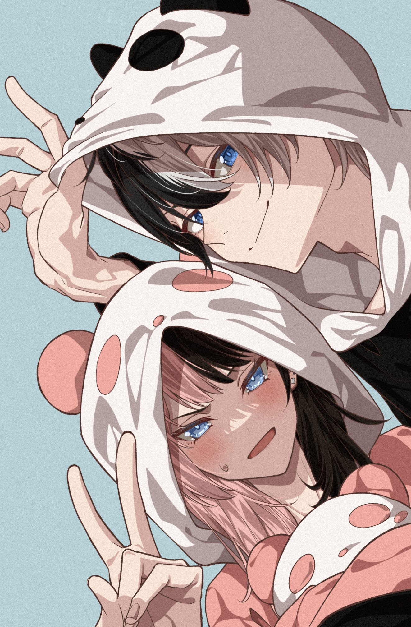 1boy 1girl alternate_costume black_hair blue_eyes brown_hair cosplay double-parted_bangs earrings green_background hair_between_eyes highres hood hooded_pajamas indie_virtual_youtuber iris_black_games jewelry kamito_(vtuber) kigurumi long_hair looking_at_viewer multicolored_hair open_mouth pajamas pink_hair simple_background smile split-color_hair stuffed_animal stuffed_toy sweatdrop tachibana_hinano tawashi_(tawashi324) two-tone_hair v virtual_youtuber vspo! white_hair