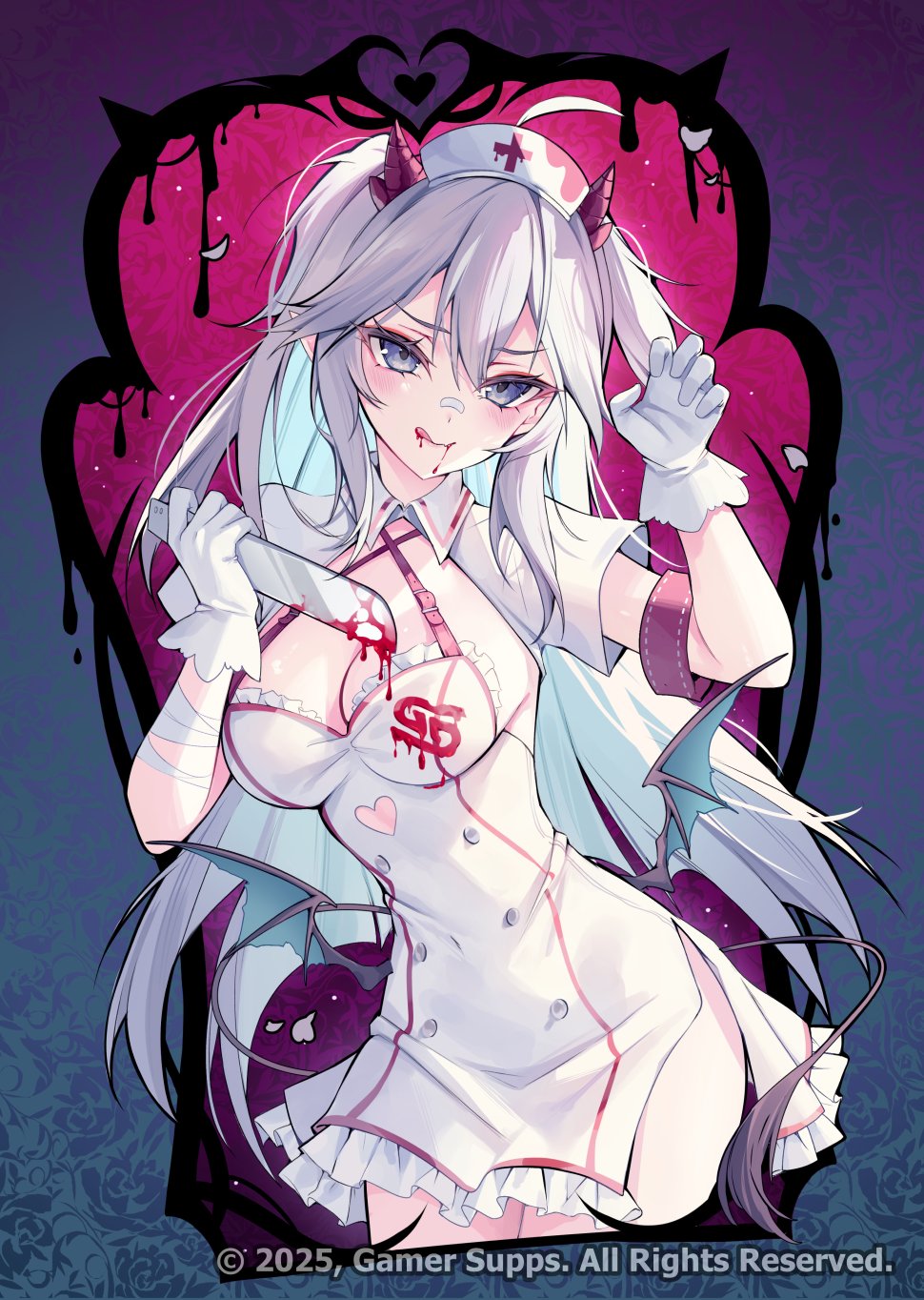 1girl bandaid bandaid_on_face bandaid_on_nose beyumi blood blood_on_clothes blood_on_hat blood_on_mouth bloody_knife blue_eyes breasts cleavage commentary criss-cross_halter double-parted_bangs dress english_commentary gloves hair_between_eyes halterneck hat highres holding holding_knife horns indie_virtual_youtuber knife licking_lips long_eyelashes looking_at_viewer low_wings nurse_cap pointy_ears solo tail tongue tongue_out vei_(vtuber) watermark white_dress white_gloves wings