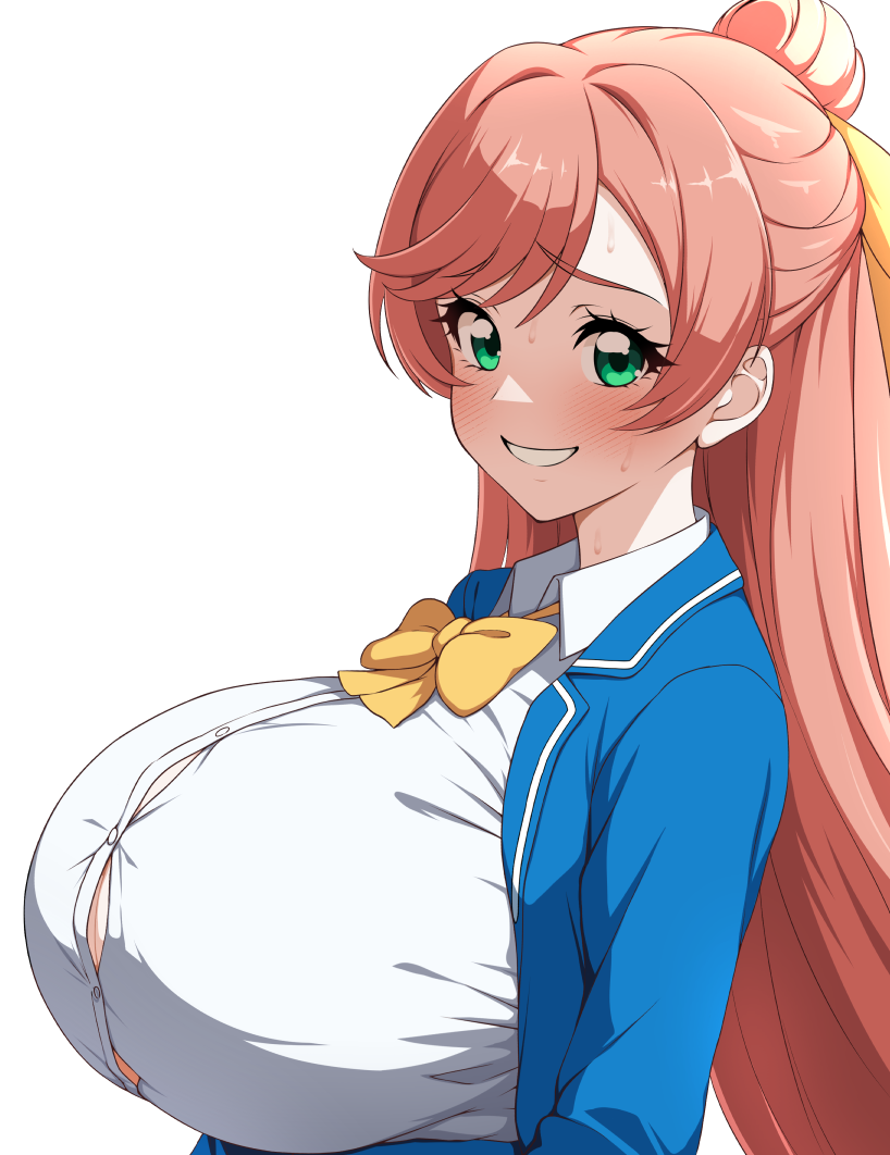 1girl alternate_breast_size blazer blush bow breasts button_gap buttons collared_shirt from_side green_eyes grin hair_bow hirogaru_sky!_precure huge_breasts jabara_tornado jacket long_hair looking_at_viewer nijigaoka_mashiro open_clothes open_jacket pink_hair precure school_uniform shirt smile solo sorashido_academy_school_uniform sweat upper_body white_background yellow_bow