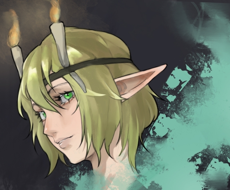 1girl black_headband blonde_hair candle commentary fire green_eyes grey_background hashihime headband lips looking_at_viewer looking_to_the_side mizuhashi_parsee mohu812855 nose pointy_ears portrait short_hair smile solo touhou very_long_ears