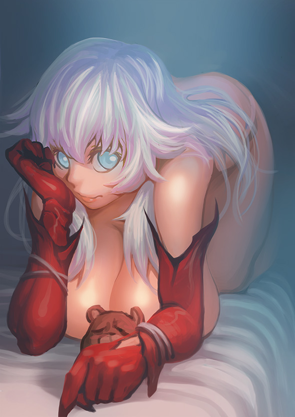 1girl all_fours artemis_(fate) artemis_(third_ascension)_(fate) bare_shoulders bed_sheet blue_eyes breasts closed_mouth elbow_gloves fate/grand_order fate_(series) female_focus gloves large_breasts long_hair orion_(bear)_(fate) photoshop_(medium) red_gloves solo stuffed_animal stuffed_toy teddy_bear white_hair zhoumo_fangjia