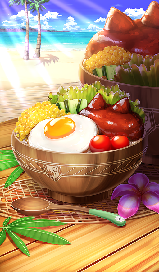 beach blue_sky bowl chocolate_river_no_sono_saki_ni cloud commentary_request egg_(food) fate/grand_order fate_(series) flower flower_request food food_focus food_request leaf light_rays no_humans ocean official_art outdoors palm_tree pink_flower sand sky spoon still_life sunbeam sunlight third-party_source tree water xxxxay