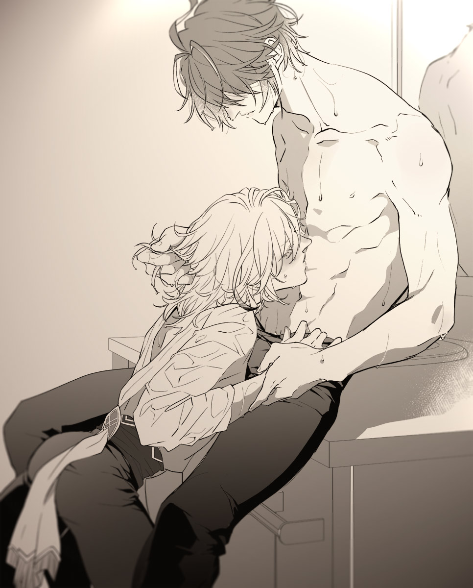 2boys abs alhaitham_(genshin_impact) chair genshin_impact greyscale highres kaveh_(genshin_impact) kissing_stomach looking_at_another looking_down male_focus medium_hair monochrome multicolored_hair multiple_boys muscular muscular_male pants shirai short_hair sitting topless_male yaoi