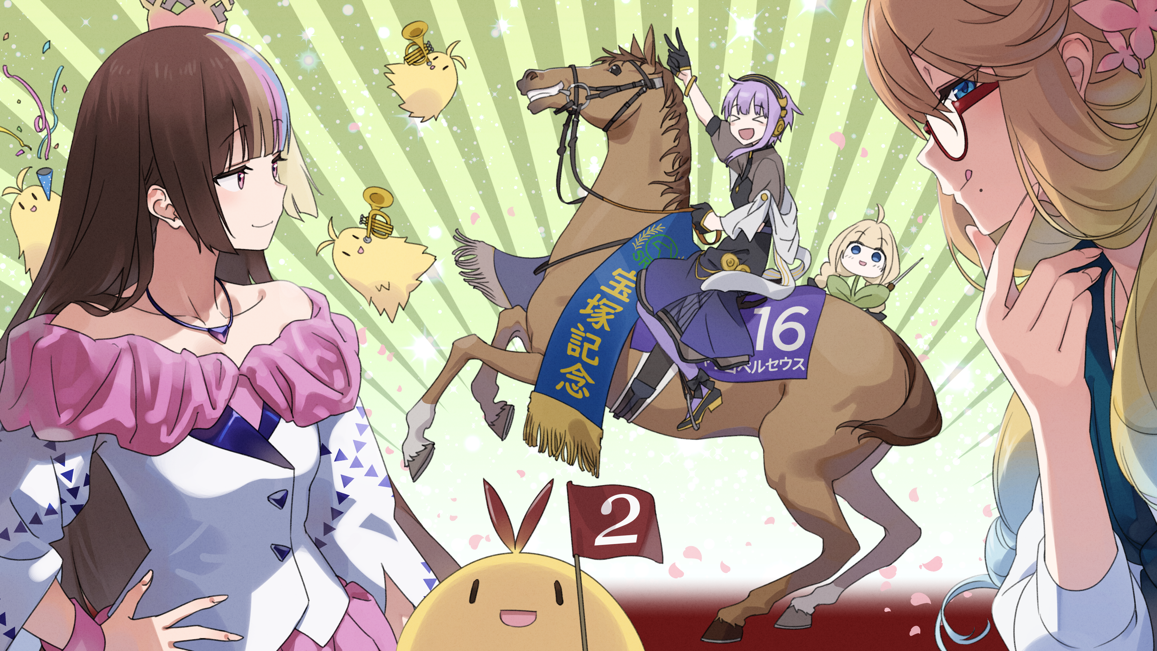 4girls absurdres akarisou blonde_hair blue_eyes blue_hair brown_hair flag galaco galaco_(neo) galaco_(prize) glasses gloves hair_ornament hand_on_own_hip haruno_sora highres holding holding_flag horse horseback_riding instrument jewelry kedamakimaki long_hair mole mole_under_mouth multicolored_hair multiple_girls napoleon_crossing_the_alps necklace party_popper pink_eyes purple_hair red-framed_eyewear riding scarf short_hair smile tarokazu trumpet vocaloid voiceroid yuzuki_yukari