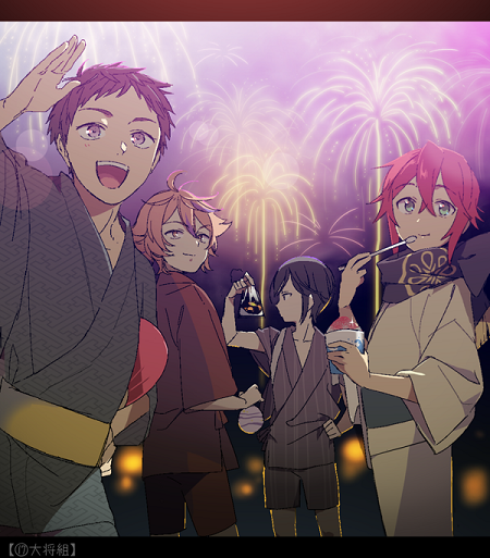 10s 4boys atsushi_toushirou bandana eating festival fireworks food gotou_toushirou hand_on_own_hip japanese_clothes kimono letterboxed male_focus multicolored_hair multiple_boys orange_hair purple_eyes red_hair sayagata shaved_ice shinano_toushirou shiru_(b_sukinai) streaked_hair tasuki touken_ranbu yagen_toushirou yukata