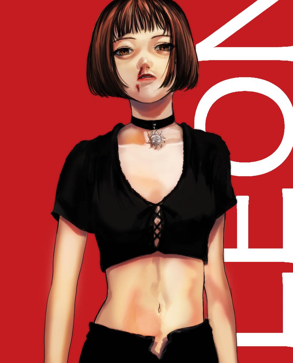 1girl black_choker black_hair black_shirt blood bob_cut brown_eyes brown_hair choker collarbone copyright_name gauss_&lt;bokashi highres leon_the_professional lipstick looking_at_viewer makeup mathilda_lando navel nosebleed pendant_choker red_background shirt short_hair shorts solo