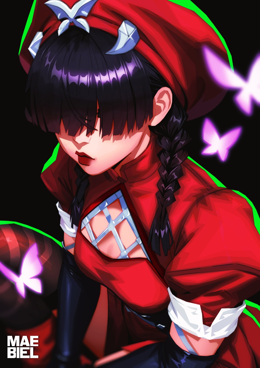 1girl artist_name black_gloves black_thighhighs braid bug butterfly dress elbow_gloves gloves hair_over_eyes hat highres insect maebiel marvel marvel_rivals psylocke psylocke_(blood_kariudo) red_hat thighhighs x-men