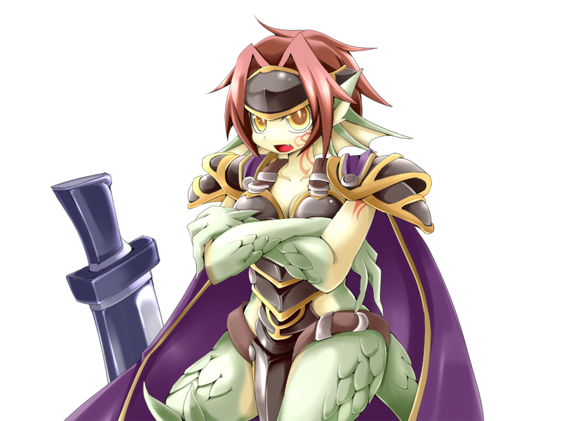 1girl animal_ears arm_tattoo armor black_armor bmp-to-png_conversion breasts cape cleavage colored_skin cowboy_shot crossed_arms dragon_ears dragon_girl dragon_tail facial_tattoo fang fins forehead_protector frfr game_cg granberia green_skin hair_intakes head_fins huge_weapon looking_at_viewer medium_breasts mon-musu_quest! monster_girl multicolored_skin neck_tattoo non-web_source open_mouth planted planted_sword planted_weapon pointy_ears purple_cape red_hair scales short_hair shoulder_armor simple_background solo sword tail tattoo transparent_background two-handed_sword two-tone_skin weapon wide_hips yellow_eyes yellow_skin