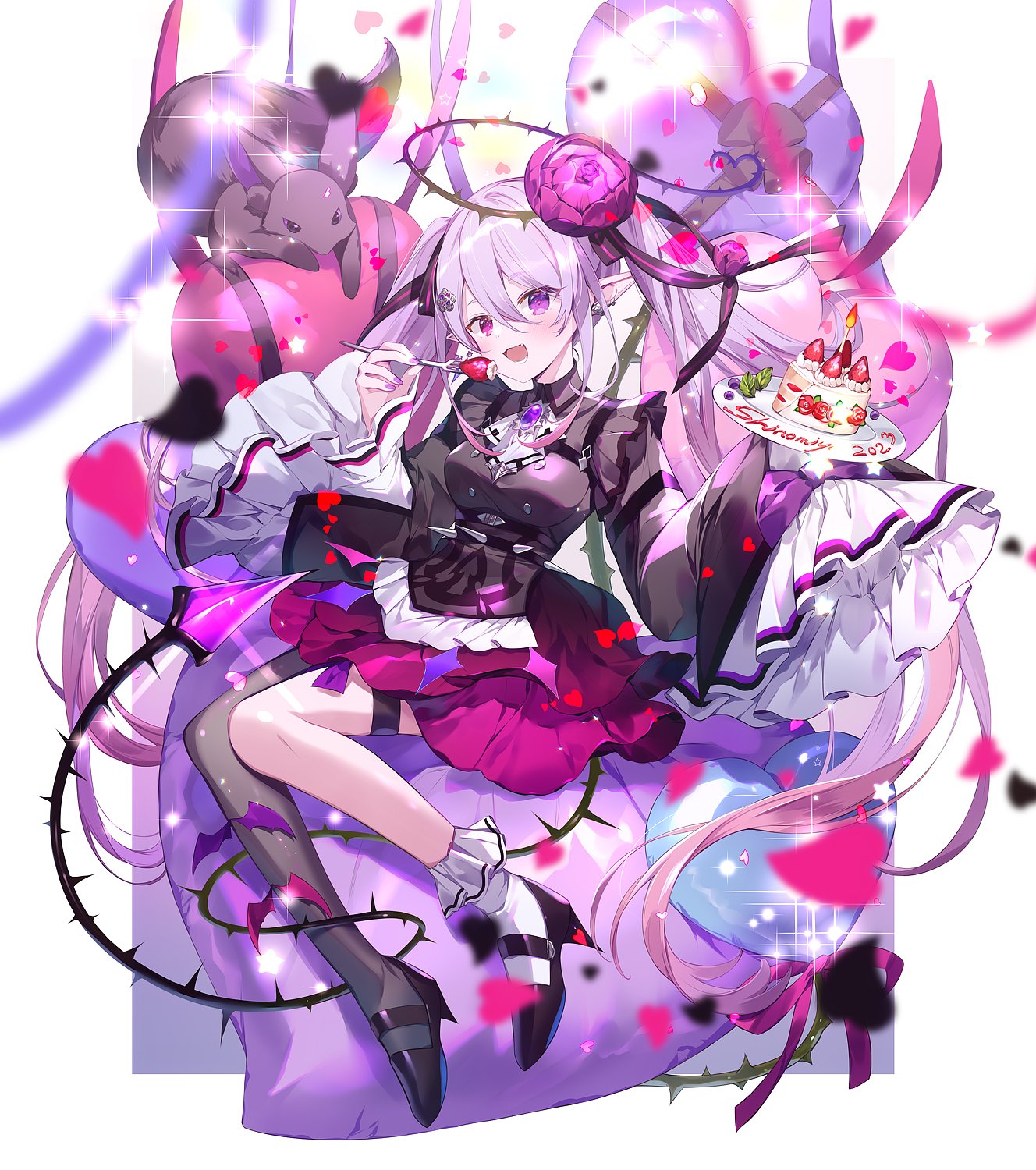 1girl ascot black_pantyhose black_shoes blurry blurry_foreground breasts brooch cake commentary copyright_request dress earrings food fork fruit full_body hair_between_eyes hair_ribbon hands_up high_heels highres holding holding_fork ibara_riato jewelry long_hair long_sleeves looking_at_viewer medium_breasts open_mouth pantyhose pink_hair pointy_ears purple_eyes purple_nails ribbon shoes short_dress single_leg_pantyhose single_sock sleeves_past_fingers sleeves_past_wrists socks solo strawberry symbol-only_commentary thorns twintails white_ascot white_socks