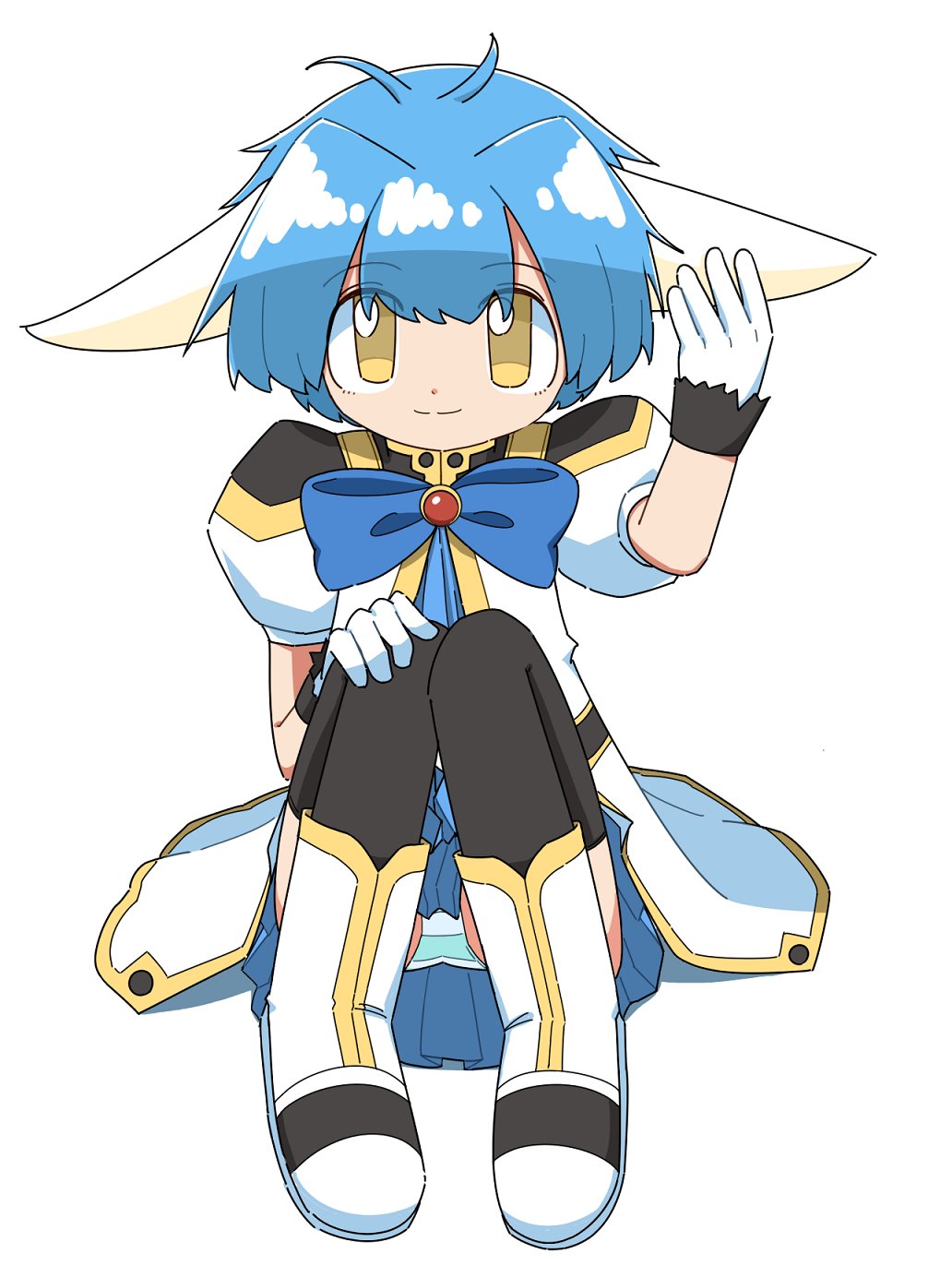 1girl angel_wing_uniform animal_ears blue_hair blue_skirt boots bow cocia_(kosianko) commentary_request galaxy_angel gloves highres mint_blancmanche panties pantyshot puffy_short_sleeves puffy_sleeves short_hair short_sleeves sitting skirt smile solo striped_clothes striped_panties thighhighs underwear white_background yellow_eyes