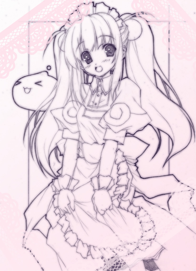 1girl 2000s_(style) :3 :d apron blush commentary_request cowboy_shot curly_sue frilled_apron frills gloves greyscale hair_bobbles hair_ornament kafra_uniform lineart long_hair looking_at_viewer maid maid_headdress monochrome open_mouth poring puffy_short_sleeves puffy_sleeves ragnarok_online short_sleeves slime_(creature) smile solo twintails uzuki_sakura_(mmys534)