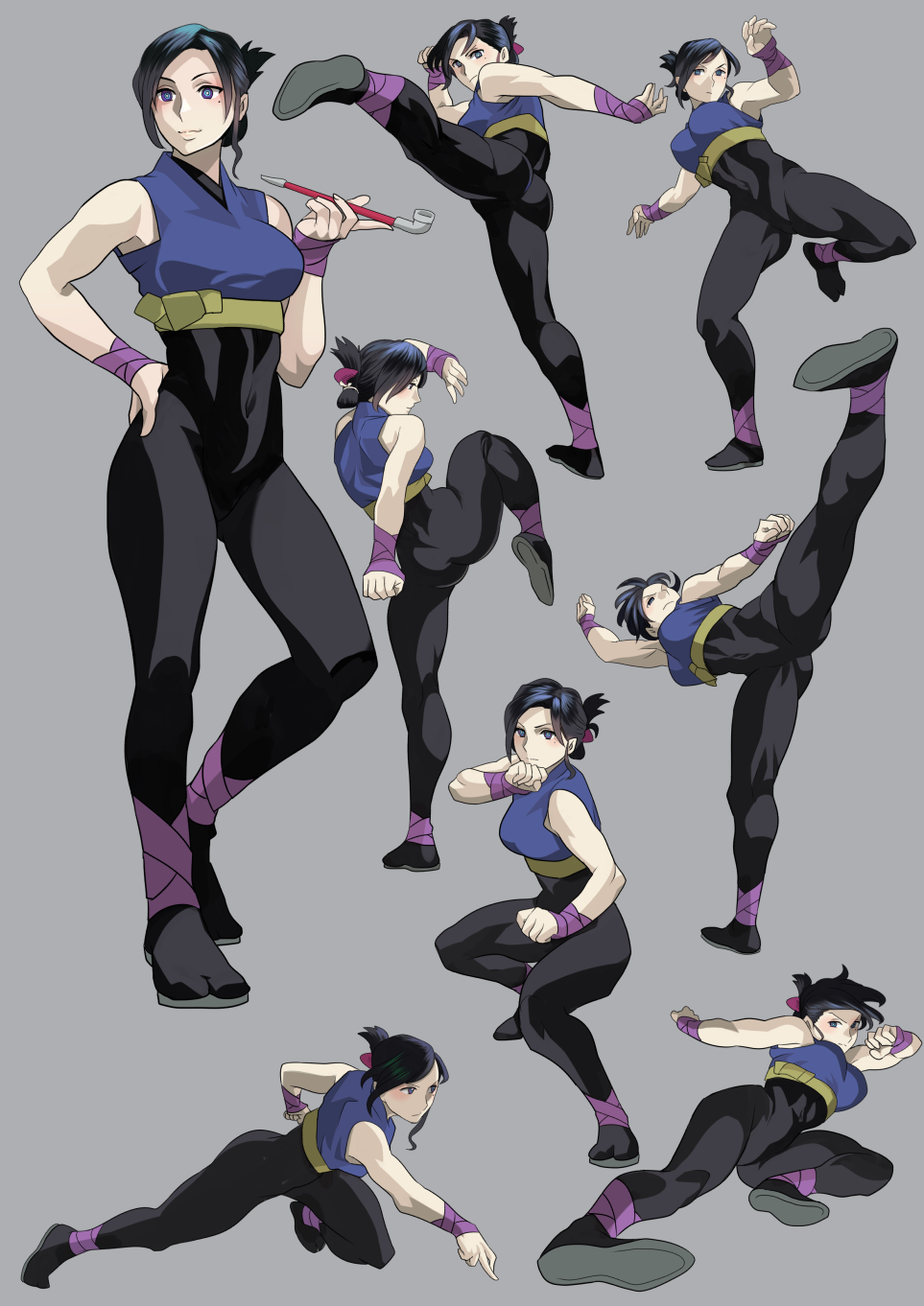 1girl action ankleband arm_support arm_up ass black_hair black_legwear blue_eyes bodystocking breasts charging_forward clenched_hands covered_navel crop_top fighting_stance flying_kick folded_ponytail frown hair_ornament hand_on_own_hip high_kick highres holding holding_smoking_pipe ichiren_takushou kicking large_breasts looking_at_viewer looking_away looking_to_the_side makeup mascara mole mole_under_eye multiple_views muscular ninja original outstretched_arm profile retsu_(gesogeso) roundhouse_kick sash shoe_soles sidelocks simple_background skin_tight sleeveless smile smoking_pipe standing standing_on_one_leg tabi toned wrist_wrap wristband