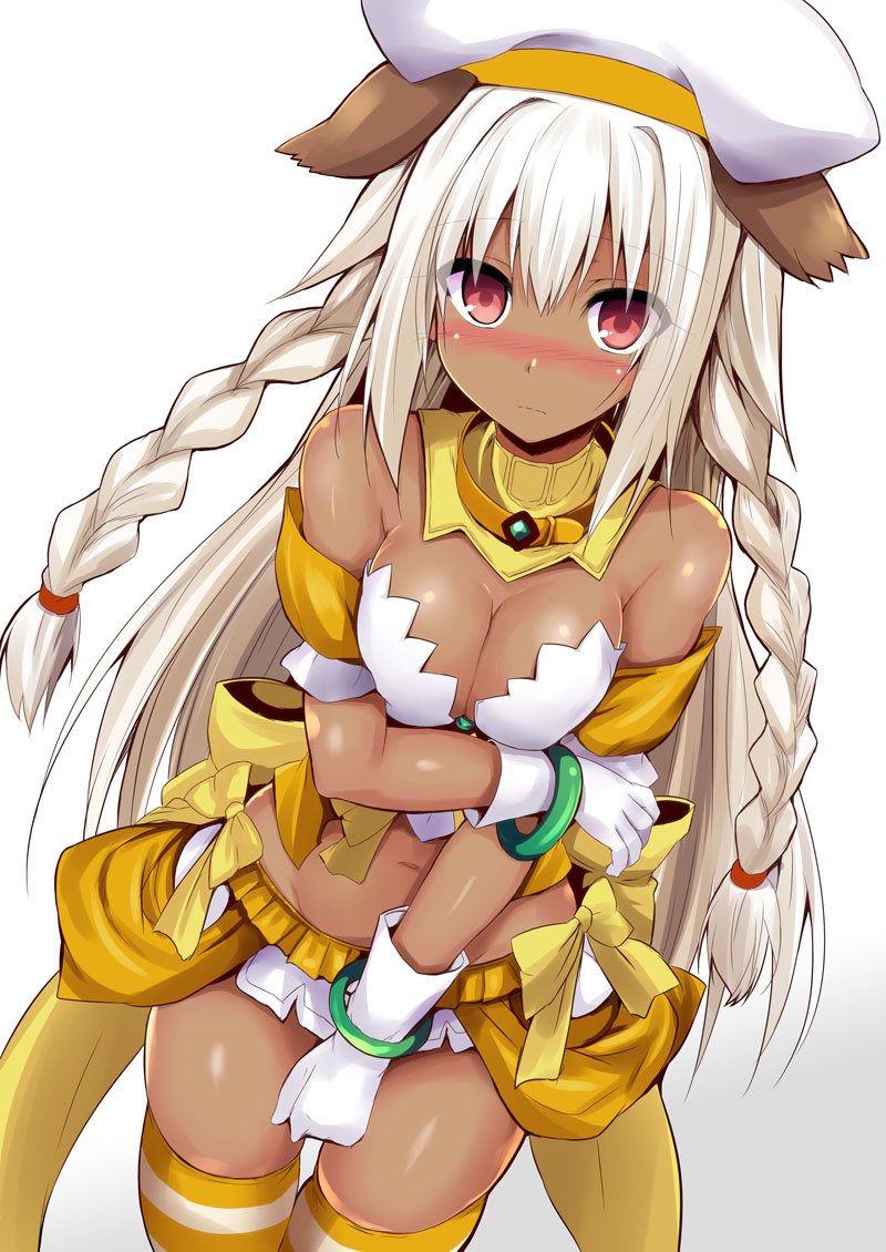 1girl animal_ears bare_shoulders beret blush bra bracelet braid breasts brooch cleavage collar cosplay dark-skinned_female dark_skin detached_collar dog_ears fake_animal_ears fate/grand_order fate_(series) gloves hat jeanne_d&#039;arc_(april_magical)_(fate) jeanne_d&#039;arc_(april_magical)_(fate)_(cosplay) jewelry lakshmibai_(fate) long_hair looking_at_viewer medium_breasts microskirt navel red_eyes rojiura_satsuki:_chapter_heroine_sanctuary sen_(astronomy) sidelocks skirt thighhighs thighs twin_braids underwear white_bra white_gloves white_hair white_hat white_skirt yellow_thighhighs