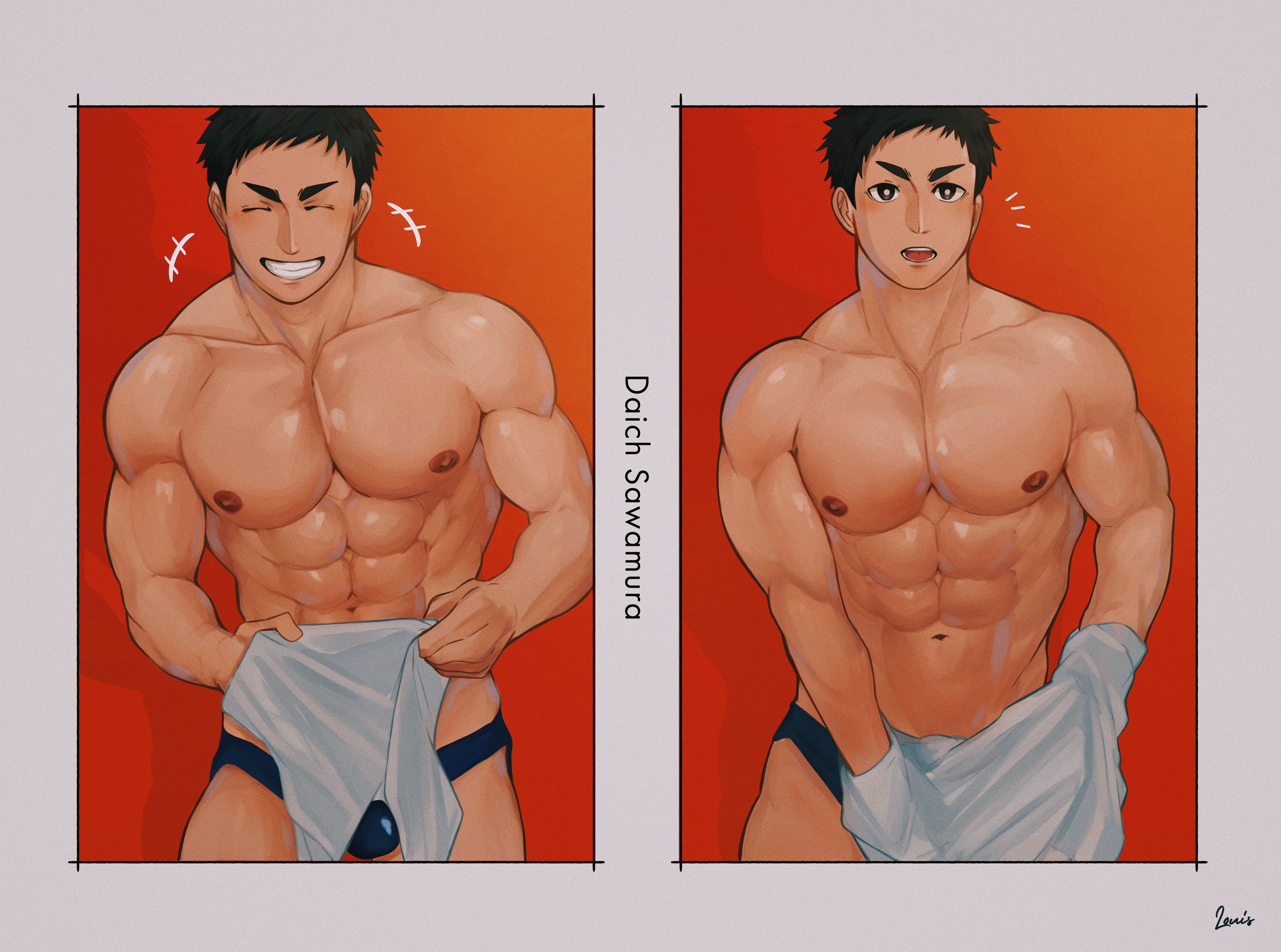 1boy absurdres bara blue_male_underwear blush briefs bulge contrapposto feet_out_of_frame grin highres holding holding_unworn_clothes holding_shirt holding_unworn_clothes large_pectorals laughing looking_at_viewer louis_tjxx male_focus male_underwear muscular muscular_male notice_lines open_mouth original pectorals sequential shiny_skin shirt short_hair sideburns smile standing thick_eyebrows underwear undressing unworn_shirt