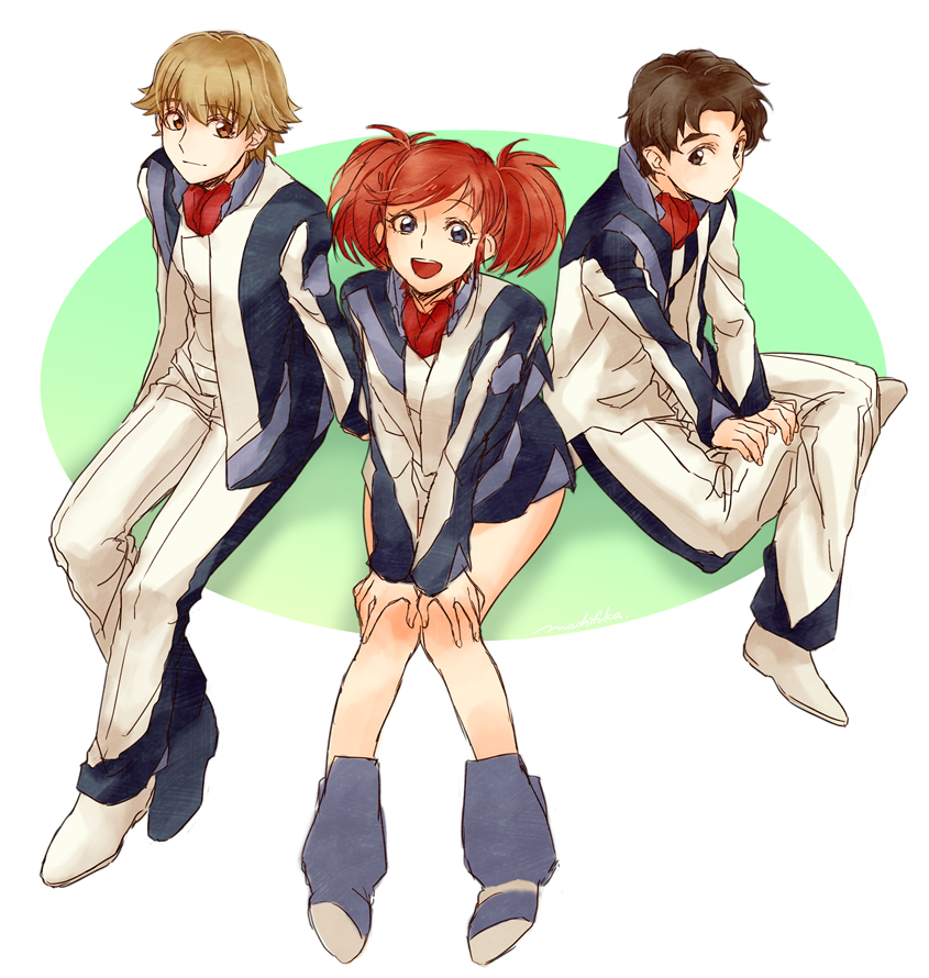 10s 1girl 2boys :d black_eyes black_hair blonde_hair blue_eyes boots brown_eyes hands_on_own_knees indian_style jacket kaburagi_sui knees_together_feet_apart long_sleeves machi_fuka mikado_reo mikagami_mimika multiple_boys open_mouth pants red_hair short_hair short_twintails sitting skirt smile soukyuu_no_fafner twintails uniform