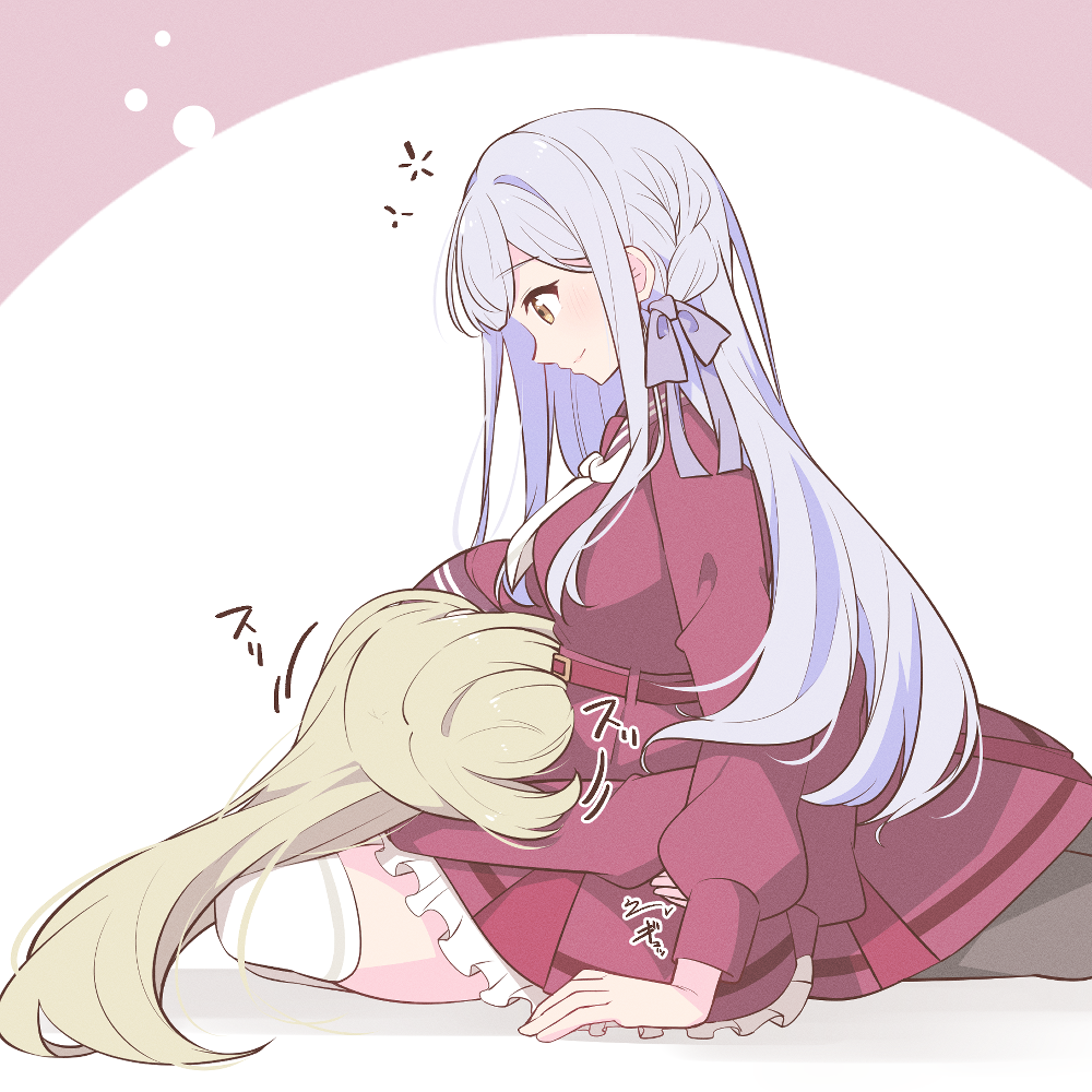 2girls assault_lily blonde_hair braid breasts brown_pantyhose brown_sailor_collar closed_mouth commentary_request covered_face frilled_skirt frills from_side grey_hair hair_ribbon high-waist_skirt hug kanba_girls_high_school_uniform kon_kanaho light_smile long_hair long_sleeves looking_at_another looking_down lying lying_on_lap medium_breasts miniskirt miyagawa_takane morugen motion_lines multiple_girls necktie on_side pantyhose pink_background profile purple_ribbon red_shirt red_skirt ribbon rubbing sailor_collar school_uniform serafuku shirt short_necktie side_braid sidelocks sitting skirt thighhighs translated two-tone_background very_long_hair waist_hug white_background white_necktie white_thighhighs yellow_eyes yuri