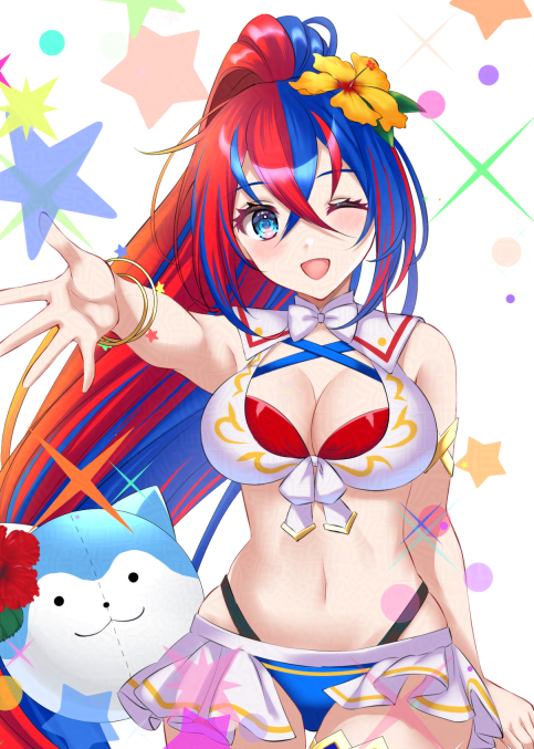 1girl ;d alear_(female)_(fire_emblem) ball beachball bikini blue_bikini blue_eyes blue_hair breasts character_ball cleavage crossed_bangs female_alear_(fire_emblem) female_alear_(seaside_dragon)_(fire_emblem) fire_emblem fire_emblem_engage fire_emblem_heroes flower hair_between_eyes hair_flower hair_ornament high_ponytail kakiko210 large_breasts long_hair looking_at_viewer multicolored_hair navel nintendo official_alternate_costume official_alternate_hairstyle one_eye_closed open_mouth outstretched_hand ponytail red_bikini red_hair smile solo sommie_(fire_emblem) split-color_hair star_(symbol) swimsuit two-tone_hair very_long_hair white_bikini