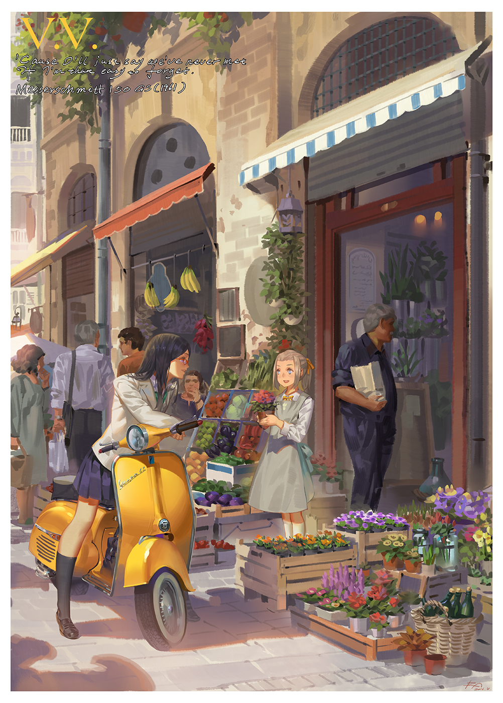 10s 2016 3girls 4boys alphonse_(white_datura) awning bag banana basket black_footwear black_hair blazer blue_eyes bottle bow bowtie brown_hair city commentary drainpipe dress english_text facial_hair flower flower_pot flower_shop food fruit glasses grey_hair hair_ribbon handbag highres jacket kneehighs loafers long_hair long_sleeves looking_at_another lyrics motor_vehicle multiple_boys multiple_girls mustache old old_man old_woman open_mouth original outdoors paper_bag pavement pinafore_dress plant pleated_skirt ponytail potted_plant red-framed_eyewear ribbon scenery school_uniform scooter shoes shop short_hair sidelocks signature skirt sleeveless sleeveless_dress slice_of_life smile socks standing storefront sunlight vehicle vespa white_legwear wine_bottle