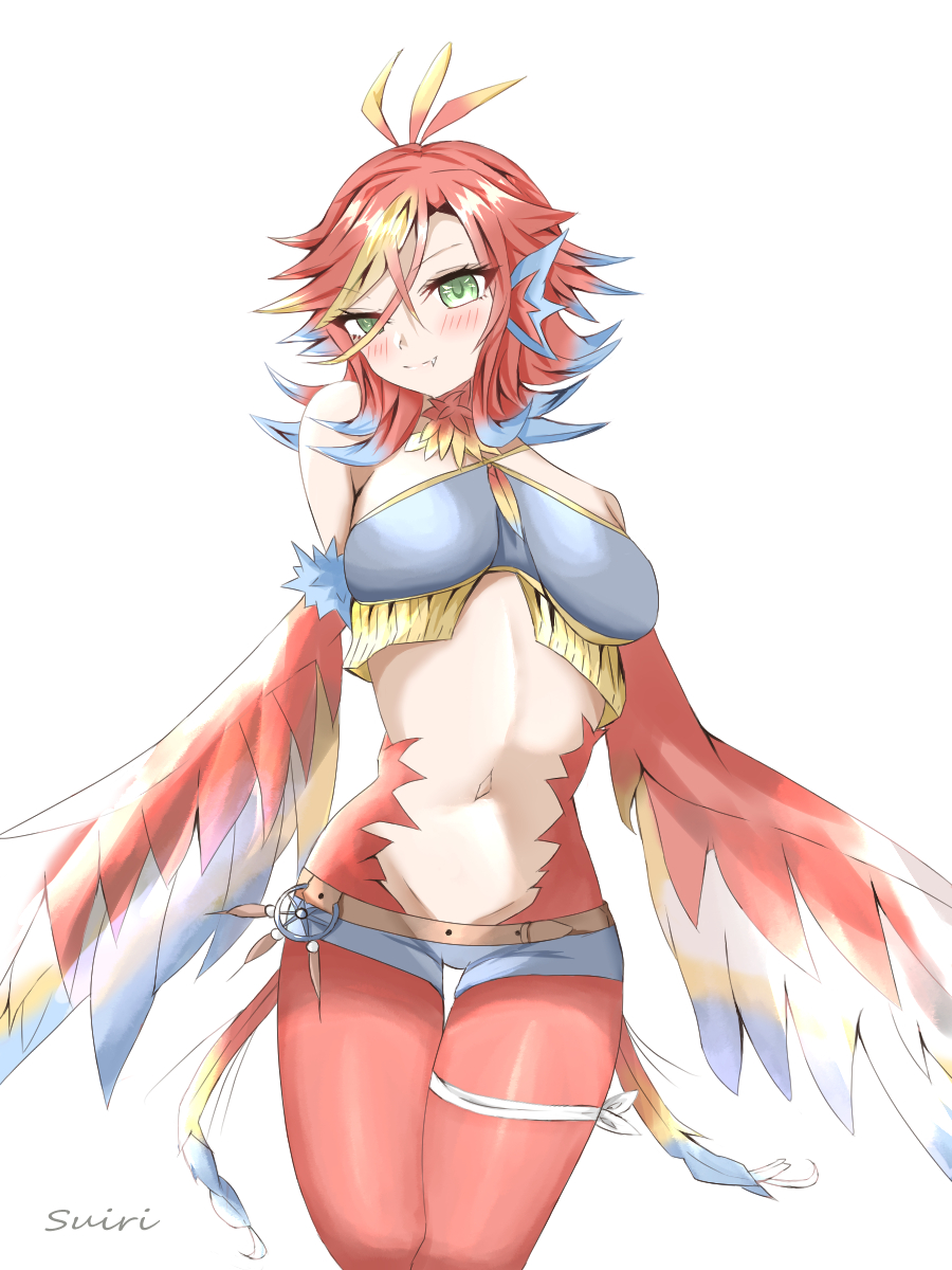 1girl ahoge blonde_hair blue_hair blue_shorts blush breasts closed_mouth cowboy_shot fang fang_out feathered_wings green_eyes hair_between_eyes harpy highres illy_(monster_musume_no_oisha-san) medium_breasts medium_hair midriff mizuri_(suisuiri1115) monster_girl monster_musume_no_oisha-san multicolored_hair multicolored_wings navel red_hair short_shorts shorts simple_background smile solo thigh_gap v-shaped_eyebrows white_background winged_arms wings