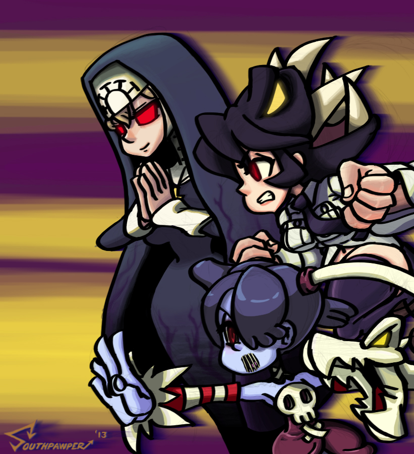 3girls alex_ahad_(style) artist_name black_hair blonde_hair blue_hair blue_skin breasts clenched_hand clenched_teeth colored_skin detached_sleeves double_(skullgirls) female_focus fighting_stance filia_(skullgirls) futakuchi-onna glowing glowing_eyes habit hair_over_one_eye hands_together large_hands leviathan_(skullgirls) long_hair miniskirt multiple_girls necktie nun ponytail prehensile_hair red_eyes samson_(skullgirls) school_uniform simple_background skirt skull skullgirls southpawper squigly_(skullgirls) stitched_mouth stitches striped teeth thighhighs wide_hips yellow_eyes zombie