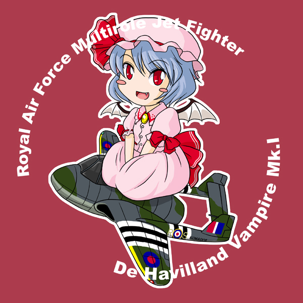 1girl aircraft airplane bat_wings blush_stickers chibi de_havilland_vampire fang female_focus hat jet red_eyes remilia_scarlet sakurato_tsuguhi short_hair sitting solo touhou vehicle_focus wings