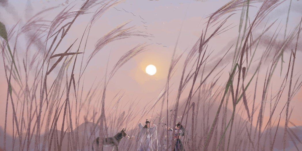 2boys bird black_hair black_hanfu blurry blurry_foreground bridle chinese_clothes covering_face depth_of_field donkey hair_ribbon hanfu headband high_ponytail holding holding_plant lan_wangji long_hair long_sleeves modao_zushi multiple_boys outdoors plant ponytail red_ribbon ribbon rice rice_paddy standing sun sunset topknot wei_wuxian white_hanfu white_headband wide_shot wide_sleeves xianduguaitan