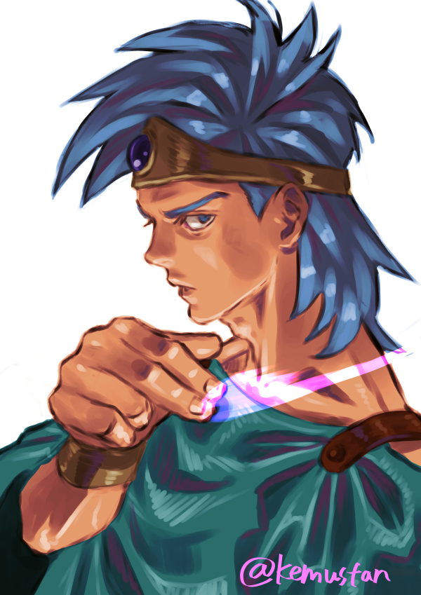 1boy blue_eyes blue_hair circlet commentary_request dragon_quest dragon_quest_iii expressionless looking_at_viewer magic male_focus portrait robe sage_(dq3) simple_background solo sonomoto_shinzou_(natsume_kyouji) upper_body white_background