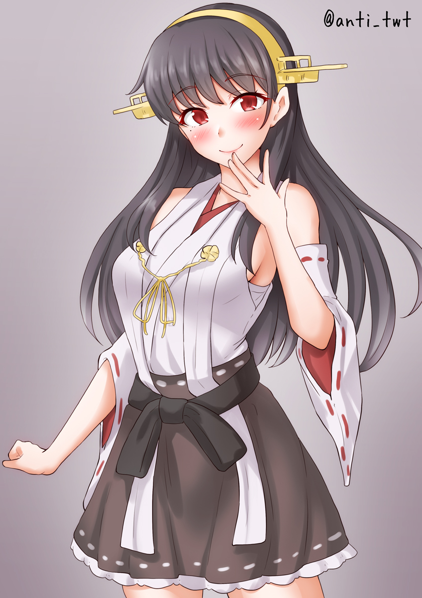 1girl anti_(untea9) bare_shoulders black_hair brown_eyes commentary_request cosplay cowboy_shot detached_sleeves gradient_background grey_background hairband hayashio_(kancolle) highres japanese_clothes kantai_collection kongou_(kancolle) kongou_(kancolle)_(cosplay) kongou_kai_ni_(kancolle) long_hair mole mole_under_eye nontraditional_miko skirt smile solo twitter_username