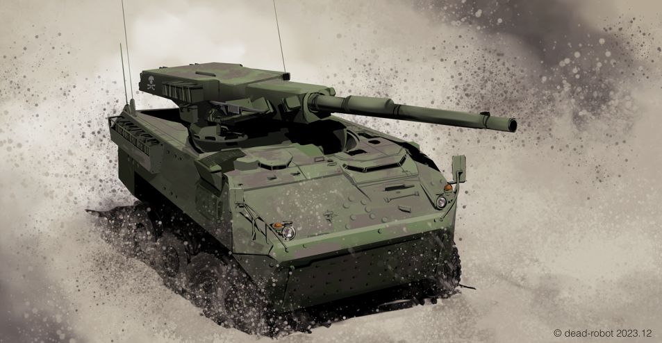 cannon dead-robot desert dust m1128_mobile_gun_system military military_vehicle motor_vehicle no_humans original sand tank tank_turret vehicle_focus wheel